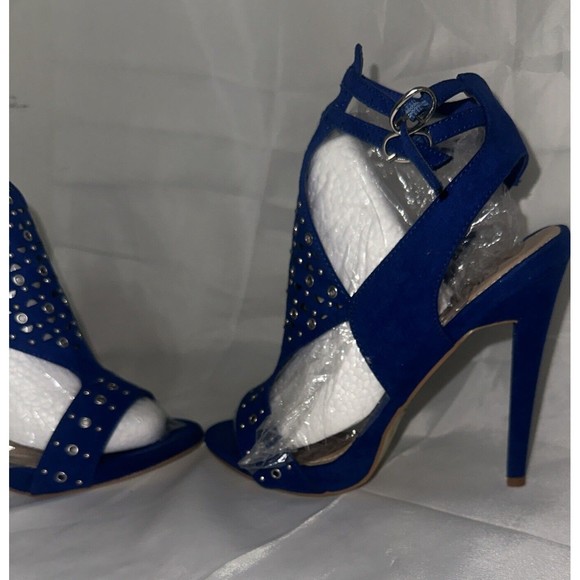 Just Fab Women's Size 8.5 Platform Stiletto 5in Heels Blue Silver Design Straps - Picture 10 of 16
